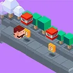 Ένας pixelated χαρακτήρας περπατάει σε ένα μονοπάτι με δέντρα και κτίρια, σε μωβ φόντο