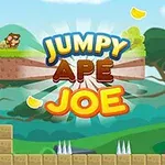 Οθόνη παιχνιδιού με πολύχρωμα γράμματα Jumpy Ape Joe, φόντο ζούγκλας, και στοιχεία πλατφόρμας