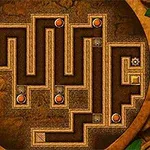Λαβύρινθος με καφέ μονοπάτια και πορτοκαλί κουμπιά μέσα σε κυκλικό πλαίσιο με φυλλώδη διακοσμητικά στοιχεία