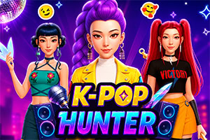 Τρεις στιλιζαρισμένες K-pop τραγουδίστριες σε neon μωβ φόντο με ηχεία, emojis και μεγάλο λογότυπο «K-POP HUNTER»