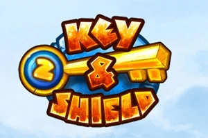 Λογότυπο με τη φράση Key & Shield 2 σε χρυσούς και πορτοκαλί χρωματισμούς, πάνω σε γαλάζιο φόντο με σύννεφα