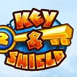 Λογότυπο με τη φράση Key & Shield 2 σε χρυσούς και πορτοκαλί χρωματισμούς, πάνω σε γαλάζιο φόντο με σύννεφα