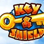 Χρυσό κλειδί με τη λέξη Key & Shield σε φωτεινό μπλε ουρανό με σύννεφα