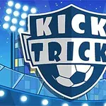 Έμβλημα με τη λέξη Kick Trick σε γήπεδο ποδοσφαίρου με φωτισμό και μπλε φόντο