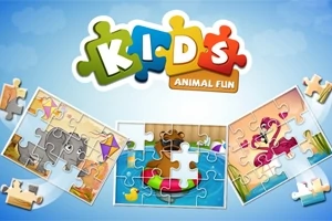 Εικόνα με το λογότυπο KIDS Animal Fun και τρία παζλ με ζώα σε φόντο ουρανού