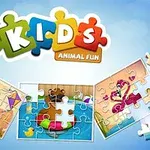 Εικόνα με το λογότυπο KIDS Animal Fun και τρία παζλ με ζώα σε φόντο ουρανού