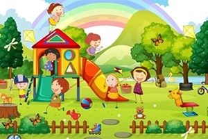 Παιδιά παίζουν χαρούμενα σε παιδική χαρά με τσουλήθρα, κούνιες και δέντρα, κάτω από ένα ουράνιο τόξο