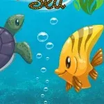 Μια πολύχρωμη θαλάσσια χελώνα και ένα κίτρινο ψάρι κολυμπούν σε μπλε νερά με φυσαλίδες