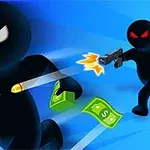 Δύο μαύρες σιλουέτες με κόκκινα και λευκά μάτια, η μία τρέχει με δεσμίδα χρημάτων ενώ η άλλη την κυνηγά πυροβολώντας