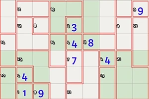 Ένα grid λευκών και πράσινων τετραγώνων με κόκκινα περιγράμματα, αριθμοί σε μπλε και μαύρο χρώμα εμφανίζονται σε διάφορα τετράγωνα