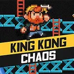 Φιγούρα σε στυλ pixel art με ξανθά μαλλιά, περιβάλλεται από μπλε πλατφόρμες, σκάλες, μπανάνες και ροζ βαρέλια, με κείμενο KING KONG CHAOS