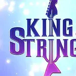 Κείμενο King of Strings με σχέδιο κιθάρας σε φωτεινό φόντο