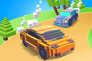 Δύο αυτοκίνητα με στυλ voxel αγωνίζονται σε έναν καμπυλωτό δρόμο με δέντρα και γαλάζιο ουρανό στο παρασκήνιο