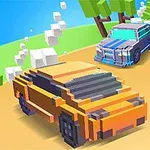 Δύο αυτοκίνητα με στυλ voxel αγωνίζονται σε έναν καμπυλωτό δρόμο με δέντρα και γαλάζιο ουρανό στο παρασκήνιο