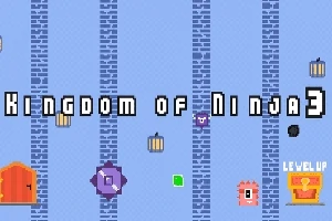 Μια εικόνα με την επιγραφή Kingdom of Ninja 3 σε μπλε φόντο με pixel art, φανάρια, και έγχρωμα στοιχεία γραφικών