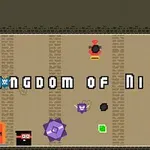 Κείμενο με τη φράση Kingdom of Ninja 4 σε ρετρό στυλ με γραφικά και εικονίδια όπως πόρτες, νίντζα και χρηματοκιβώτιο