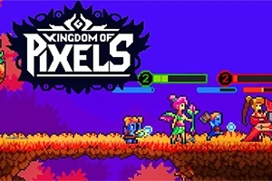 Μια σκηνή με pixelated χαρακτήρες σε πολύχρωμο φόντο που περπατούν σε μια πλατφόρμα, με ράβδους υγείας πάνω από τα κεφάλια τους