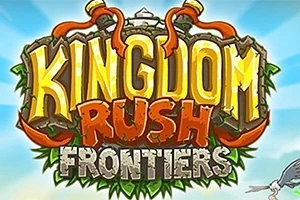 Kingdom Rush Frontiers Ο τίτλος Kingdom Rush Frontiers εμφανίζεται με διακοσμητικά στοιχεία και γαλάζιο φόντο
