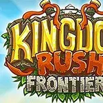 Kingdom Rush Frontiers Ο τίτλος Kingdom Rush Frontiers εμφανίζεται με διακοσμητικά στοιχεία και γαλάζιο φόντο