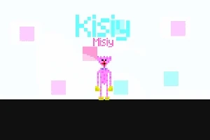 Ροζ pixel χαρακτήρας με το όνομα Kisiy Misiy σε λευκό φόντο με χρωματιστά τετράγωνα