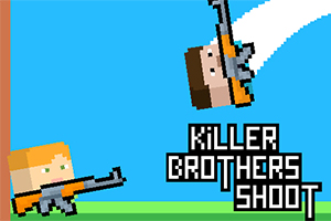 Δύο pixelated χαρακτήρες με πορτοκαλί ρούχα και όπλα σε φόντο μπλε ουρανού με πράσινο έδαφος και κείμενο KILLER BROTHERS SHOOT