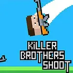 Δύο pixelated χαρακτήρες με πορτοκαλί ρούχα και όπλα σε φόντο μπλε ουρανού με πράσινο έδαφος και κείμενο KILLER BROTHERS SHOOT