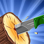 Μαχαίρι με πράσινη λαβή καρφώνεται σε κορμό δέντρου με μπλε ακτίνες στο φόντο