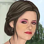Μια γυναίκα με καστανά μαλλιά και εντυπωσιακό μακιγιάζ στέκεται σε εξωτερικό χώρο με δέντρα στο παρασκήνιο