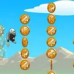 Ένας χαρακτήρας με σακίδιο πετάει σε έναν ουρανό γεμάτο χρυσά νομίσματα πάνω από ένα ορεινό τοπίο