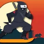 Νίντζα σε στάση μάχης πάνω σε σανίδα, με φόντο μεγάλο φεγγάρι και δεντρόφυτες σιλουέτες