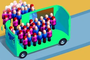 Πολύχρωμες, καρτουνίστικες φιγούρες στέκονται στριμωγμένες μέσα σε ένα πράσινο λεωφορείο σε έναν μπλε δρόμο
