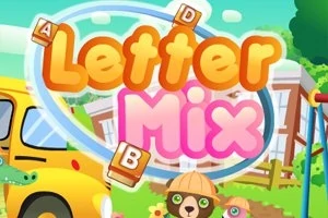 Γραφικά με τη φράση Letter Mix σε έντονα γράμματα, φόντο με σχολικό λεωφορείο, μπλοκ γραμμάτων και χαρούμενη αρκούδα με καπέλο μπροστά από κτήριο και δέντρα