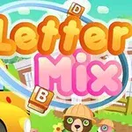 Γραφικά με τη φράση Letter Mix σε έντονα γράμματα, φόντο με σχολικό λεωφορείο, μπλοκ γραμμάτων και χαρούμενη αρκούδα με καπέλο μπροστά από κτήριο και δέντρα