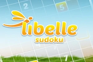 Κείμενο libelle sudoku σε κίτρινα γράμματα πάνω από πλέγμα με αριθμούς και φόντο μπλε ουρανού και πράσινου λιβαδιού