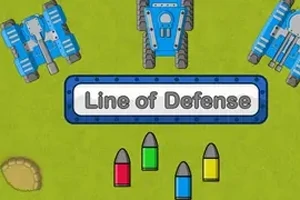 Μπλε τανκ σε πράσινο φόντο με τη φράση Line of Defense και σφαίρες σε κόκκινο, πράσινο, μπλε και κίτρινο χρώμα