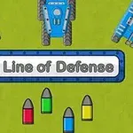 Μπλε τανκ σε πράσινο φόντο με τη φράση Line of Defense και σφαίρες σε κόκκινο, πράσινο, μπλε και κίτρινο χρώμα