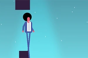 Μία καρτούν φιγούρα με στυλ afro περπατά πάνω σε κινούμενες γραμμές σε γαλάζιο φόντο με λευκές κουκκίδες