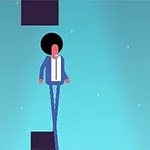 Μία καρτούν φιγούρα με στυλ afro περπατά πάνω σε κινούμενες γραμμές σε γαλάζιο φόντο με λευκές κουκκίδες