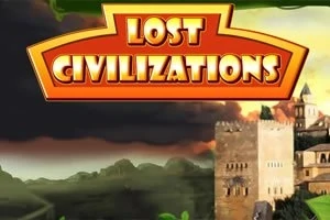 Λογότυπο με την επιγραφή Lost Civilizations πάνω από ένα τοπίο με αρχαία κτίρια και μία δραματική ουρανό