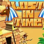 Κείμενο Lost in Time ανάμεσα σε αιγυπτιακές πυραμίδες και φοίνικες, με κεφάλια σκαραβαίων