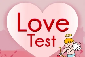 Μεγάλη λευκή καρδιά με το κείμενο Love Test και έναν μικρό άγγελο στη γωνία