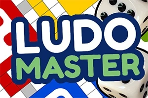 Κεντρικός τίτλος Ludo Master με φόντο πολύχρωμα τετράγωνα και δύο ζάρια