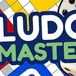 Κεντρικός τίτλος Ludo Master με φόντο πολύχρωμα τετράγωνα και δύο ζάρια