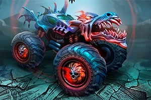 Mad Truck Challenge Φανταστικό όχημα τεράστιων τροχών με δρακοειδές σχέδιο και φωτεινά χρώματα σε γκρι φόντο εδάφους