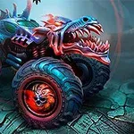 Mad Truck Challenge Φανταστικό όχημα τεράστιων τροχών με δρακοειδές σχέδιο και φωτεινά χρώματα σε γκρι φόντο εδάφους