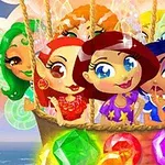Πέντε φανταστικοί χαρακτήρες με πολύχρωμα μαλλιά σε ένα αερόστατο, περιβάλλονται από πολύτιμους λίθους