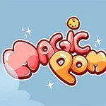 Χρωματιστό λογότυπο με τη λέξη Magic Pom περιβάλλεται από χαρούμενες φιγούρες ζώων και αφηρημένα στοιχεία σε γαλάζιο φόντο