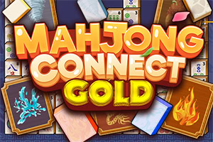 Πολύχρωμος τίτλος «MAHJONG CONNECT GOLD» με πλακίδια mahjong, κάρτες και σύμβολα φωτιάς και πάγου