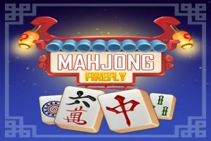 Πολύχρωμη εικόνα με τίτλο MAHJONG FIREFLY και τρία μαγιόνγκ πλακίδια σε μπλε φόντο