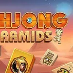 Ο τίτλος Mahjong Pyramids σε στυλ αρχεολογικού θέματος με φόντο πυραμίδες και πλακίδια με αιγυπτιακά σύμβολα